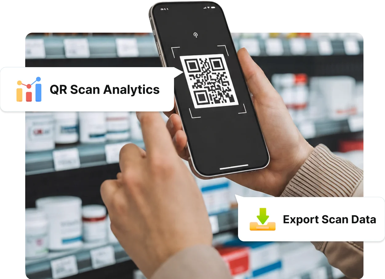 Shopper scanning medicine pack QR Code in pharmacy displaying exportable scan analytics and data