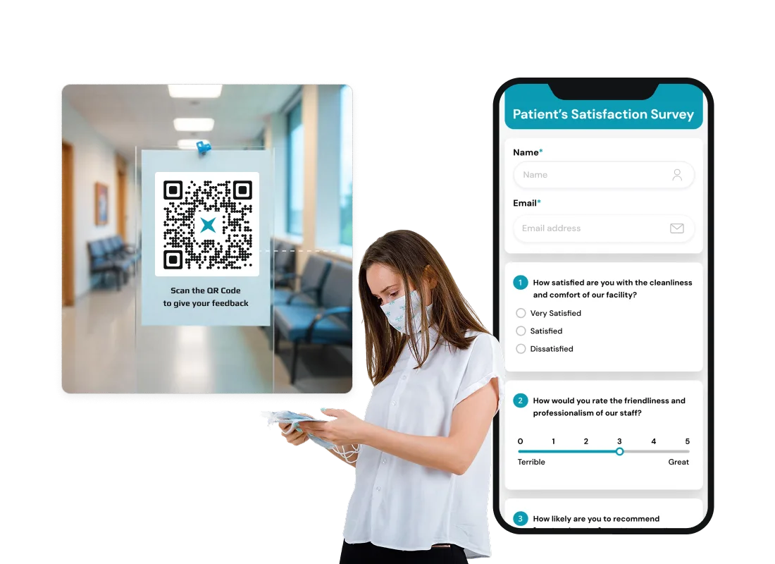 Patient scanning Feedback QR Code on clinic wall opening patient satisfaction survey form via Scanova