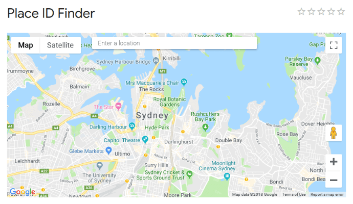 Google Place ID Finder tool map interface.