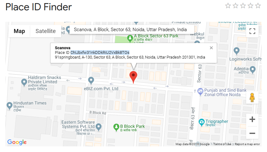 Google Place ID Finder tool map interface with Scanova's location selected on it.