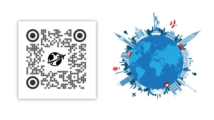 A QR Code for travel guide with a travel logo in the middle.