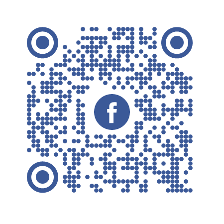 A QR Code with a Facebook logo in the middle.