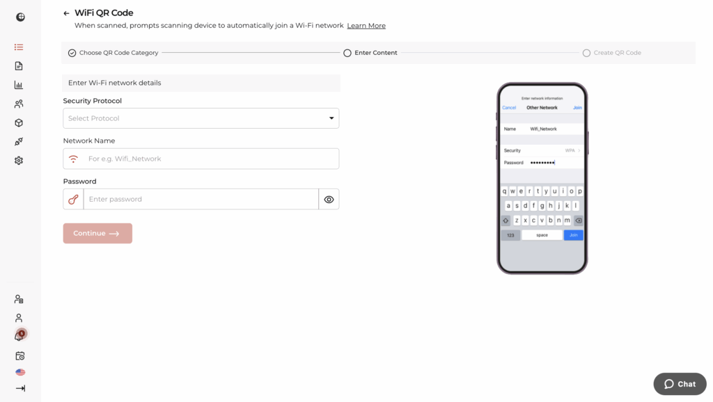 Screenshot showing the enter details screen of Scanova's wifi QR Code generator