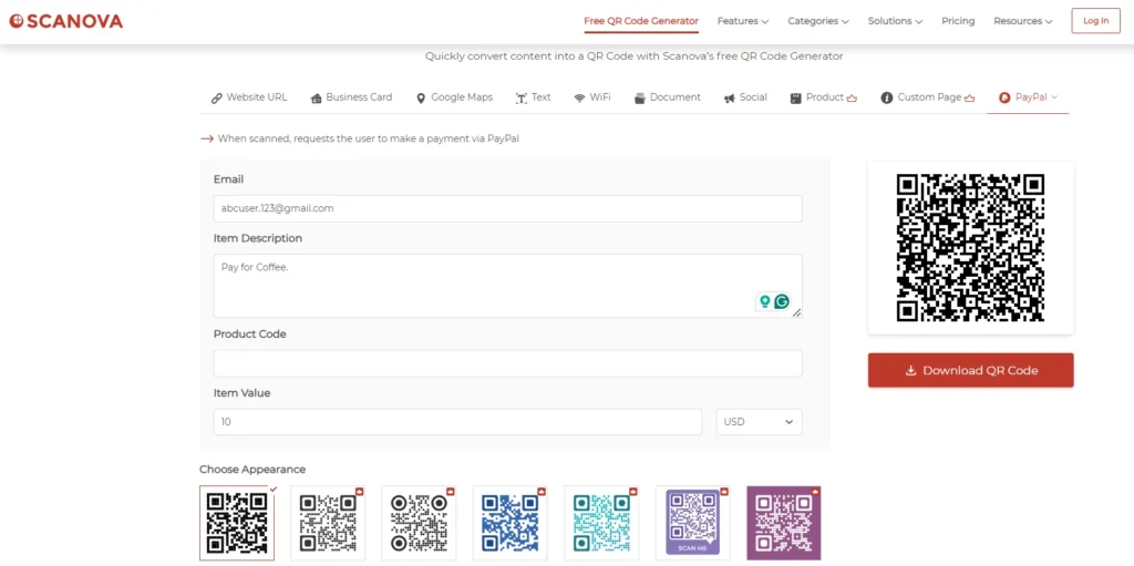 Scanova's free QR code generator interface showing how to create a PayPal QR Code.