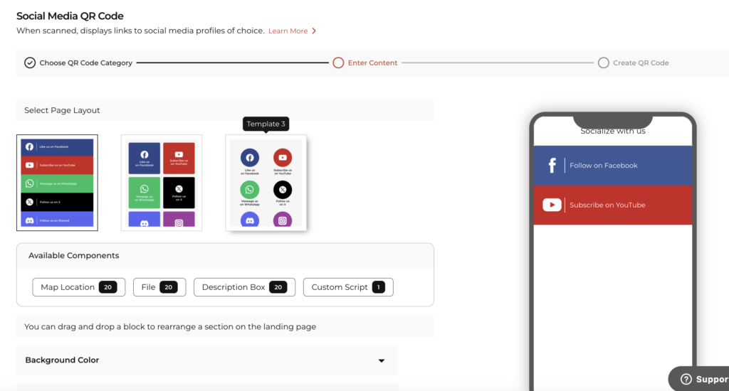 A snappit of inside of Social Media QR Code category offered by Scanova on how a user can select from multiple layouts and other categories.