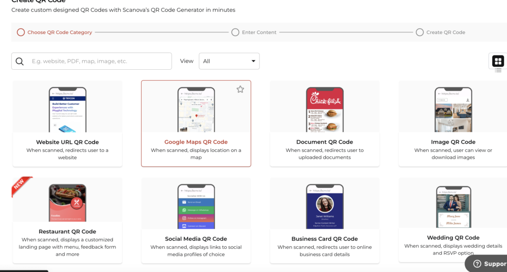 A snapshot of various Scanova QR Code categories. How to select Social Media QR Code to create one QR for all social media channels. 