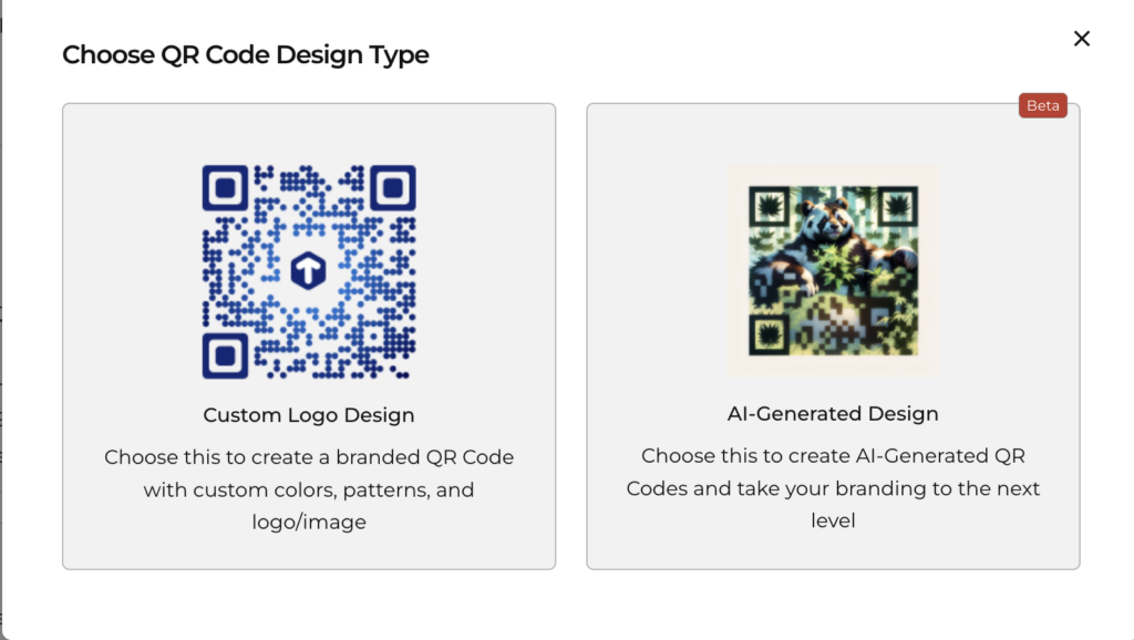 Two different types of QR Code designs, i.e., Custom Logo Design and AI-generated Design, are offered by Scanova for users to choose from.