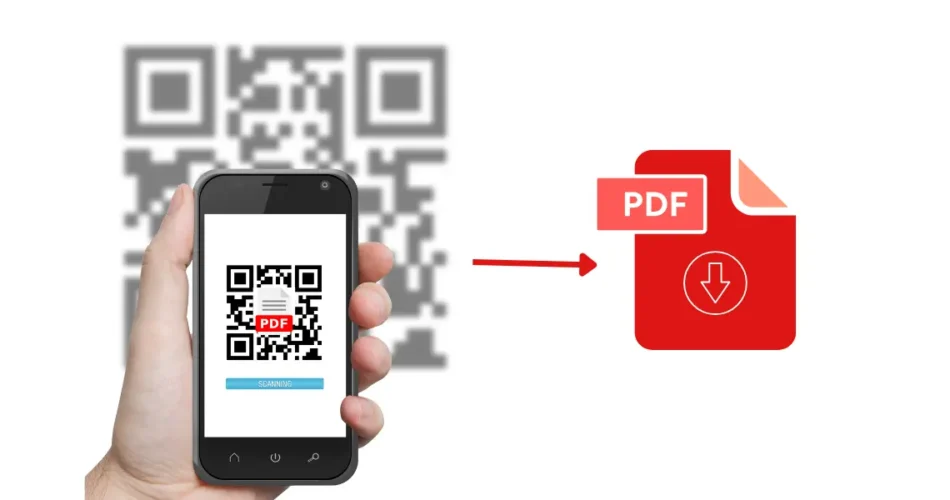 A smartphone scanning a PDF QR code, which opens a PDF file .