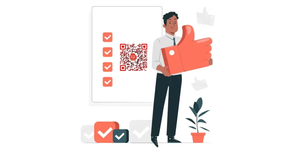 Illustration of a man standing with a checklist for the best practices of QR codes for PDF documents.