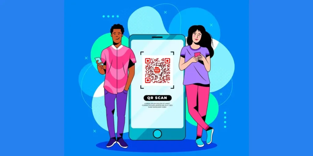 Illustration of two people standing beside a large phone screen displaying a PDF QR code.