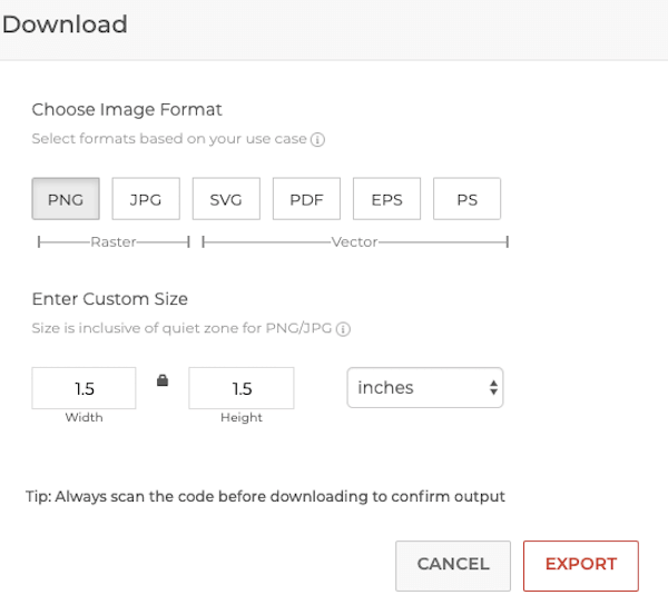 specify QR Code image size and format