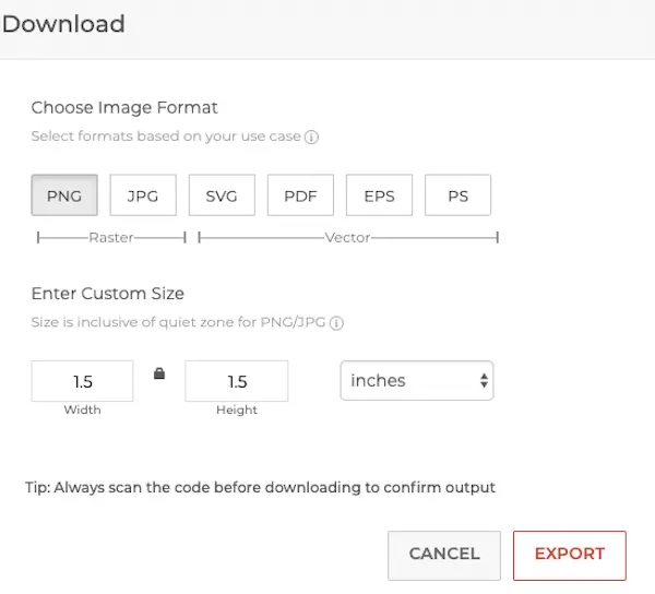 specify QR Code image size and format