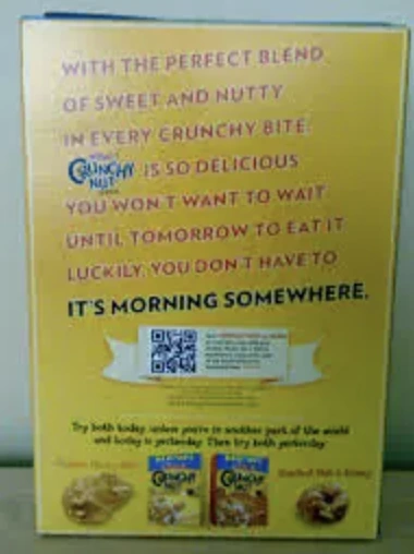 A QR Code on Kellog's Crunchy Nut Cereal packet. 