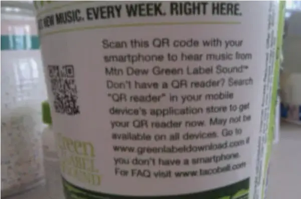 An image of a Mountain Dew label. They added a QR Code with a CTA and allowing their audience to download free music.