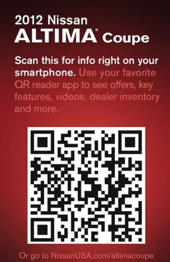 A black and white QR Image with a call to action explaining what a user can expect post scanning Nissan Altima QR Code