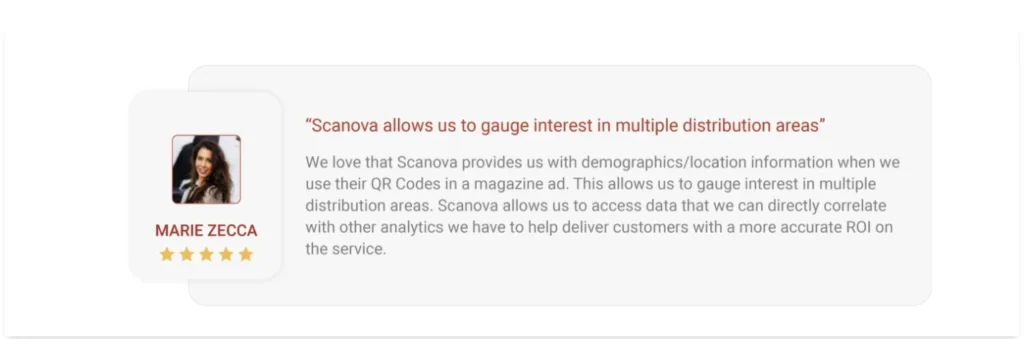 A snapshot of a 5-star rating review received by Scanova from one of their clients. Including a detailed review of how it benefited them in analytics and ROI. 