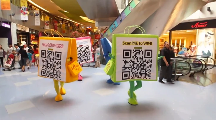 Vivo City's codey's dressed up as a QR Code in Singapore largest mall with a CTA - Scan Me to Win.  