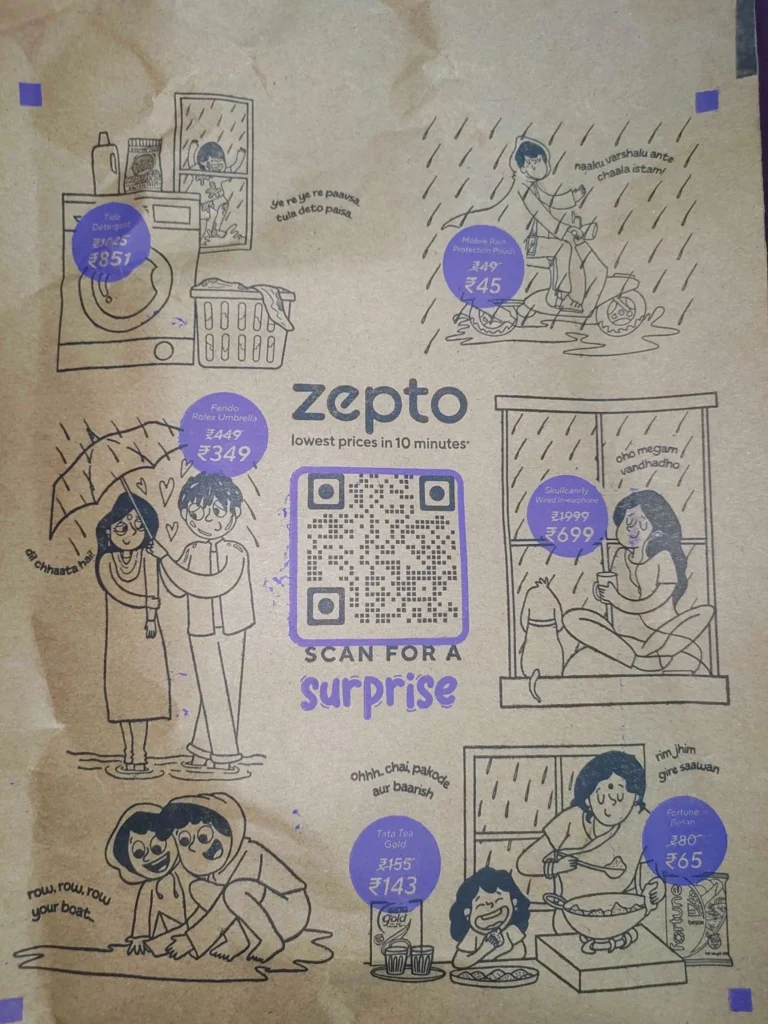 A Zepto delivery packet with a transparent QR Code on it nudging users to scan to unlock an exciting surprise for them. 