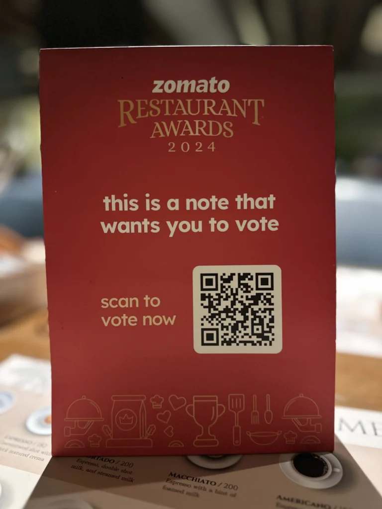 Zomato Restaurant Award QR Campaign with a call to action nudging diners to vote for their favourite restaurants. 