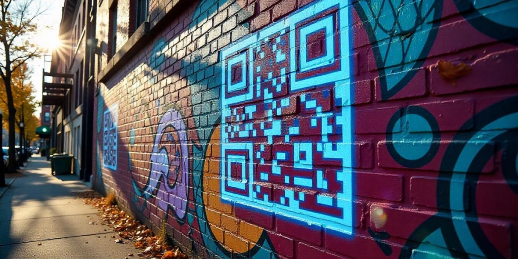 A neon blue QR Code on a wall