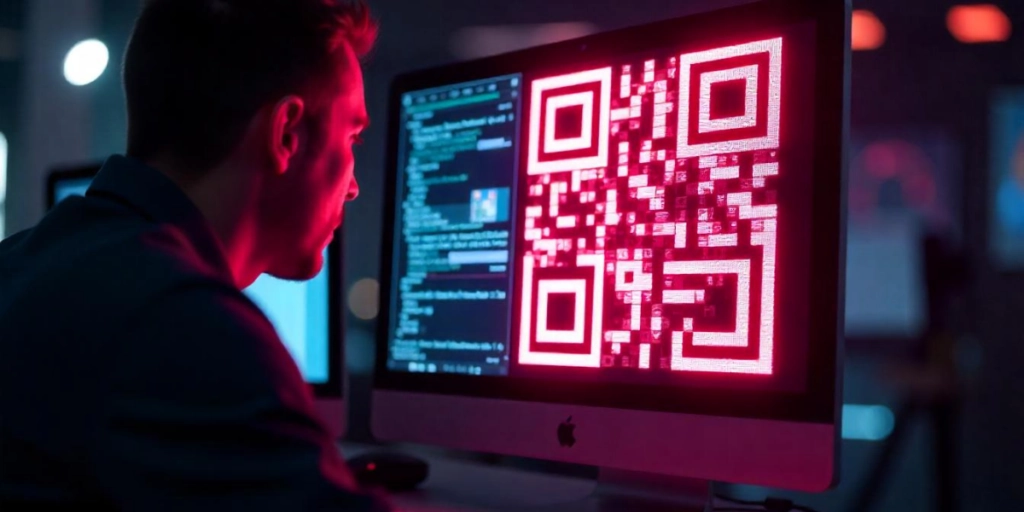 A person looking at a screen with a QR Code on it.