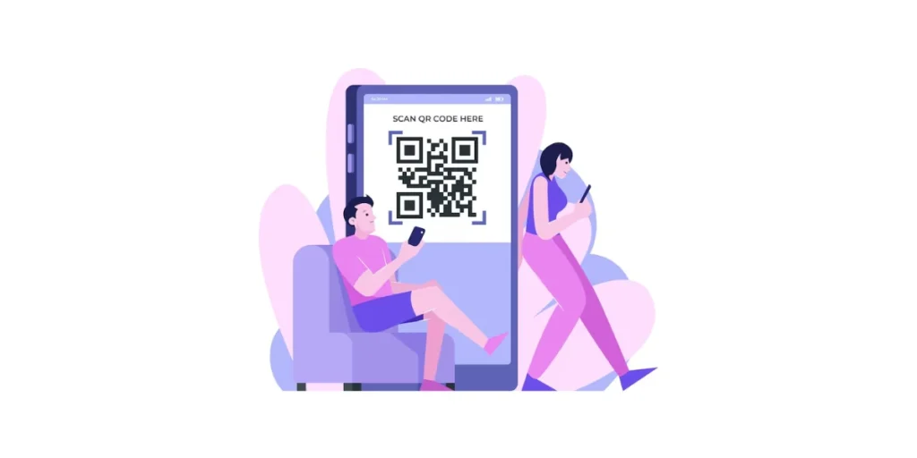 A man and a woman interacting with their phones near a large mobile phone with a QR Code on it.