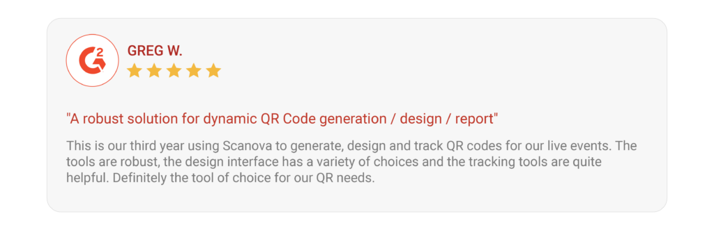 A snapshot of a review of Scanova product on G2 platform by Greg with (user) with 5-star rating and explaining about its Dynamic QR Code feature. 