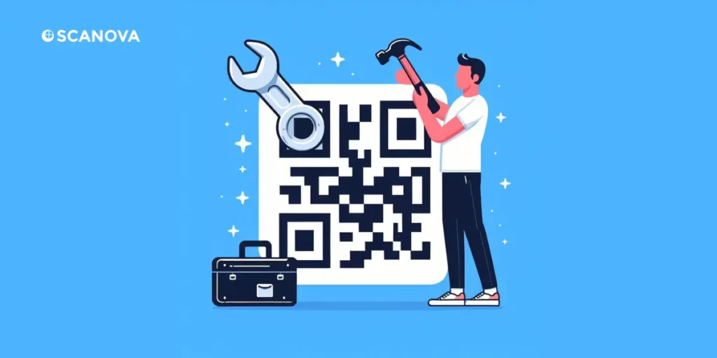 A man with a hammer and a wrench fixing a QR