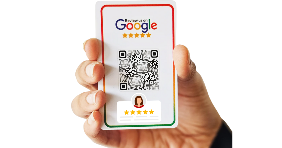Google's logo with 5 stars and a QR Code for Google review.
