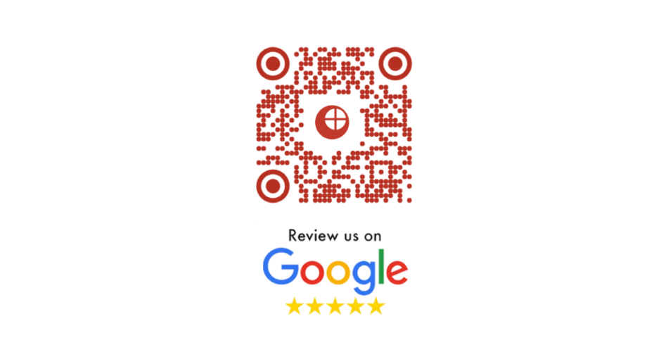 Google's logo with 5 stars below it and a qr code google review above it.