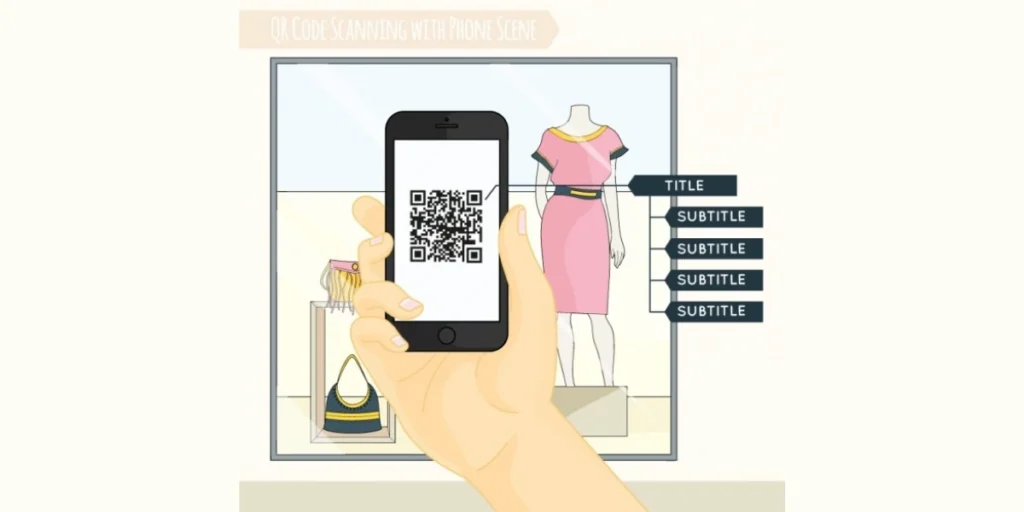 A hand scanning a QR Code displayed on a store window with a mannequin wearing a dress.