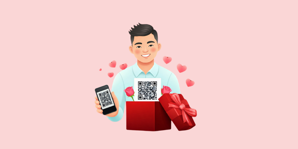 A person holding a red gift box which has a QR Code in it. 