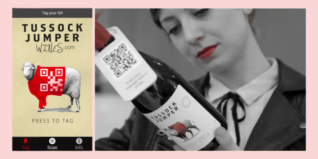 In-image: Tussock Jumper Wine Bottles with a QR Code on their neck.