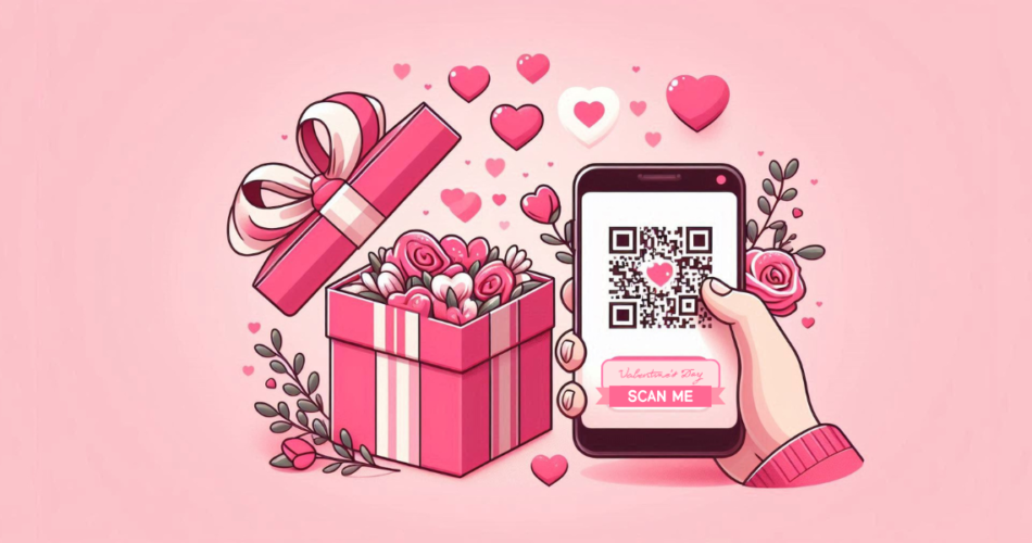 A hand scanning a Valentine's Day QR Code besides a gift box.