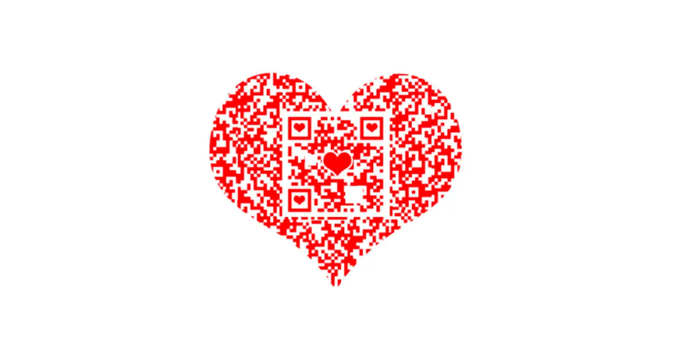 A heart shaped QR Code with a heart logo in the middle of the QR.