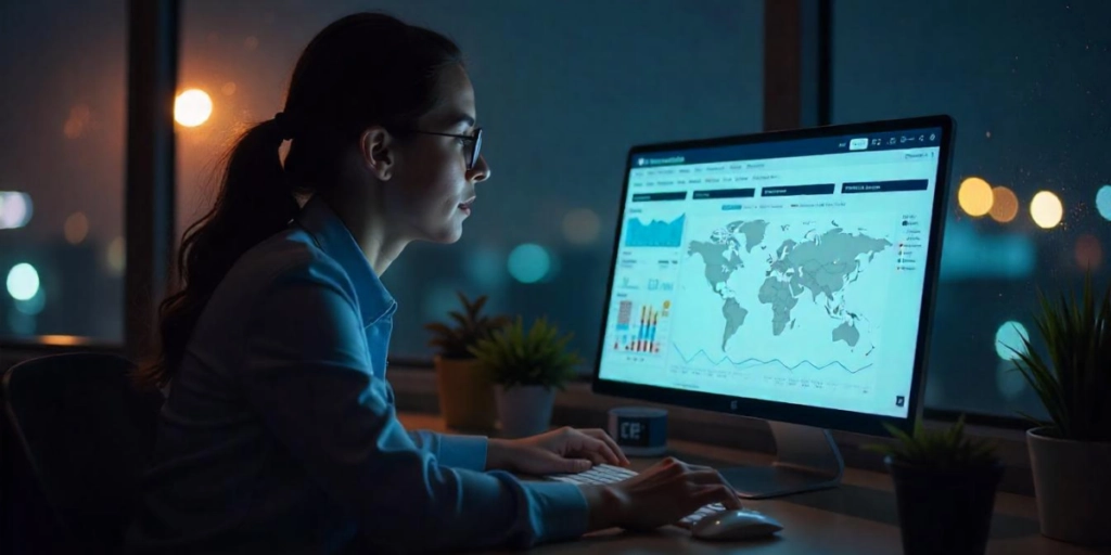 A woman looking at the data on a computer monitor.