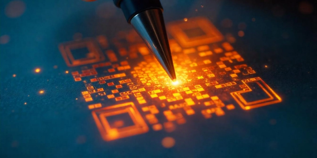 A QR Code on a digital surface with a pen hovering above it.