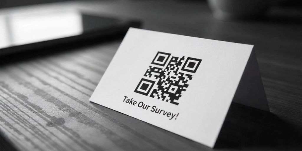 A QR Code for a survey on table tent card.