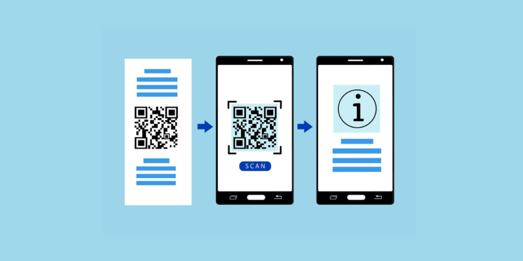 An image with three smartphones where the middle one has a QR Code on it.