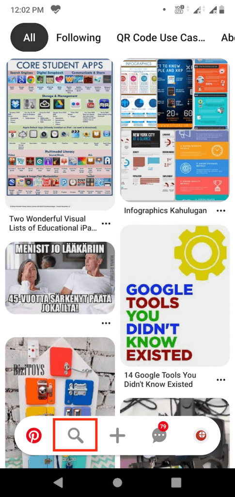 Pinterest QR Code: Search icon on Pinterest mobile app