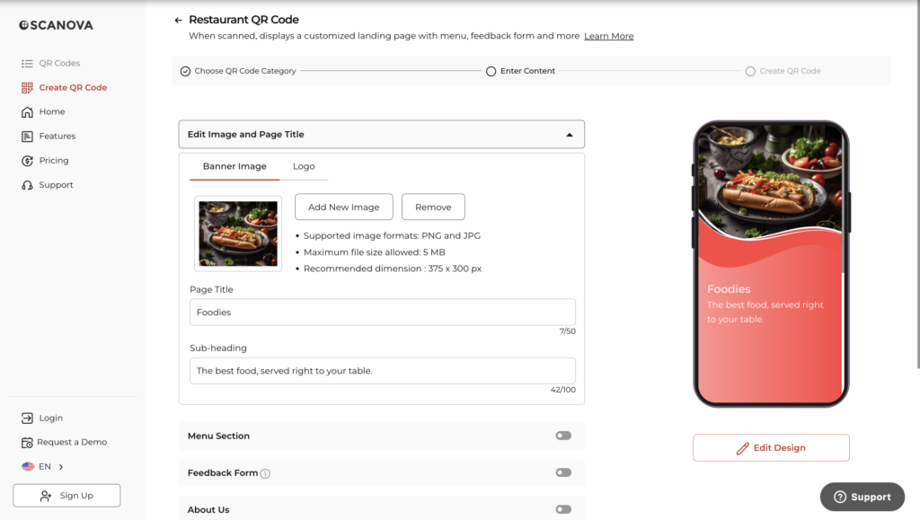 A creenshot of Menu QR Code features offered by Scanova QR Code Generator.