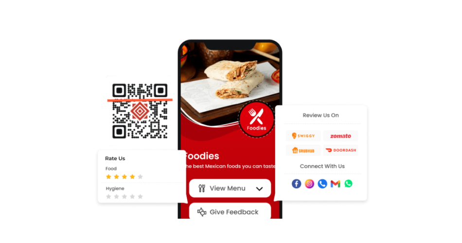 A dynamic QR Code Menu with "View Menu", "Give Feedback" and "Follow Us" options.