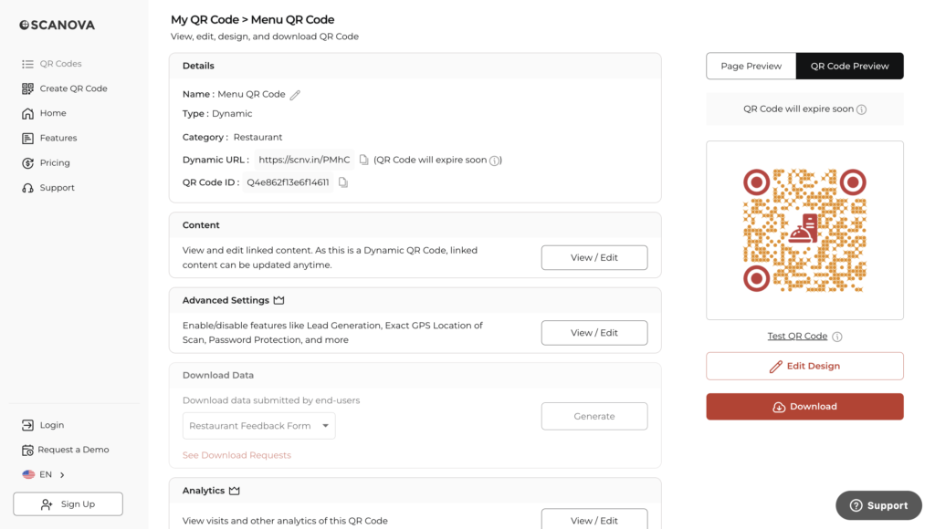 The final output screen of QR Code  Menu created using Scanova.