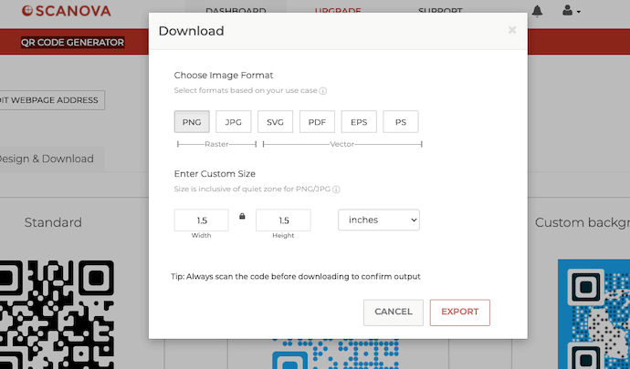 Specify QR Code image and format