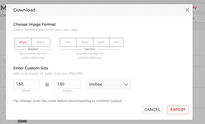 Export QR Code image in various format options available