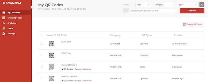 Scanova's dashboard showing all the created QR Codes