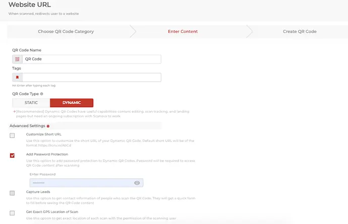 Website URL data input: Scanova's QR Code Generator