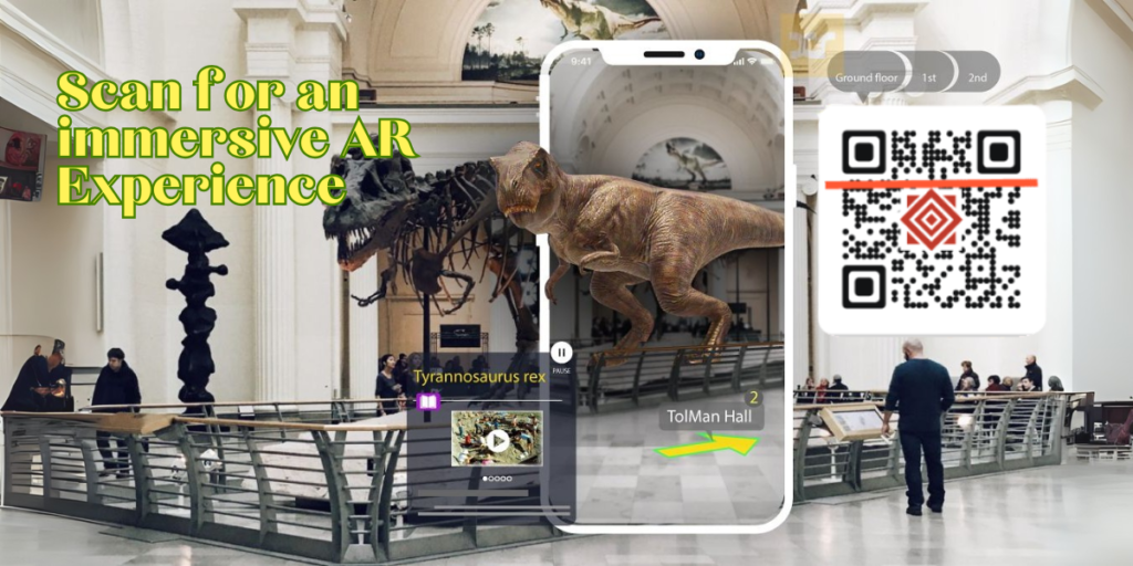 A dinosaurs coming out of a smartphone screen along with a AR QR Code.