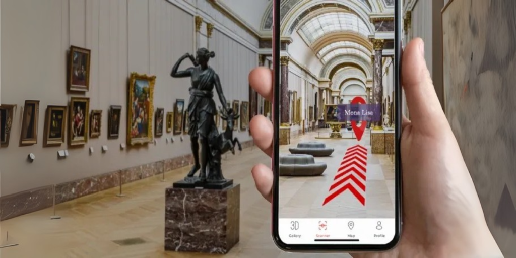 A hand holding a smartphone touring a museum via augmented reality.