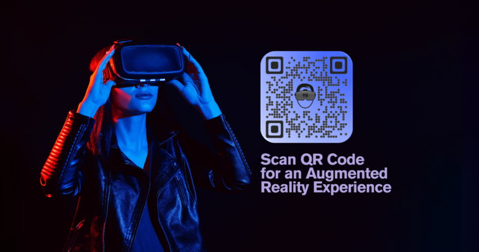 A woman wearing a Virtual Reality headset along with a Augmented Reality QR Code.